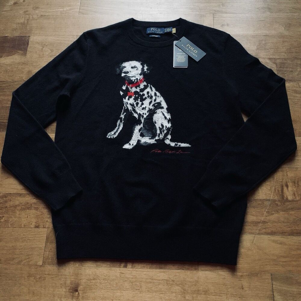 NWT Polo Ralph Lauren 100% CASHMERE Dalmatian Intarsia Sweater Dog Size S FLAW